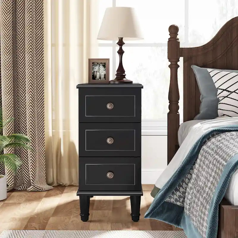 Wood End Table, Fully Assembled Narrow Side Table with 3 Drawers