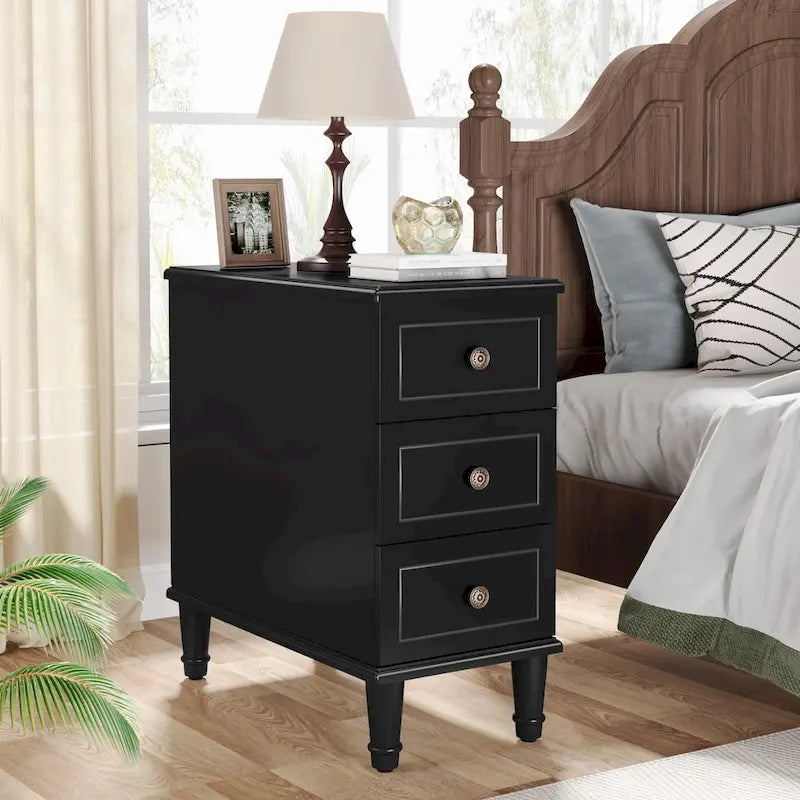 Wood End Table, Fully Assembled Narrow Side Table with 3 Drawers