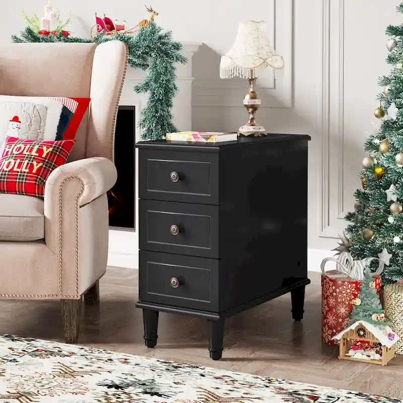 Wood End Table, Fully Assembled Narrow Side Table with 3 Drawers