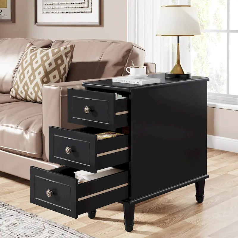 Wood End Table, Fully Assembled Narrow Side Table with 3 Drawers