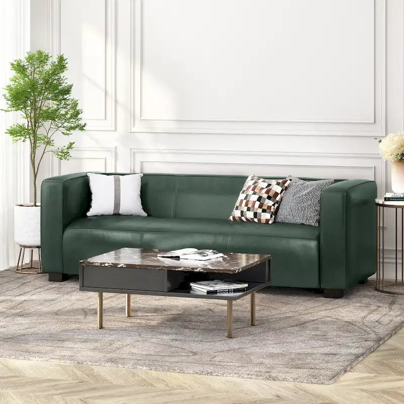 Green PU 3-Seater Sofa 80 Inch Tuxedo Design Contemporary Birch Wood Legs