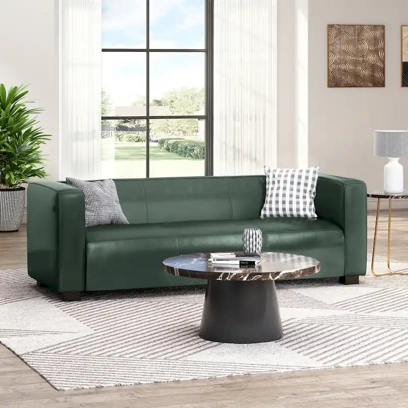 Green PU 3-Seater Sofa 80 Inch Tuxedo Design Contemporary Birch Wood Legs