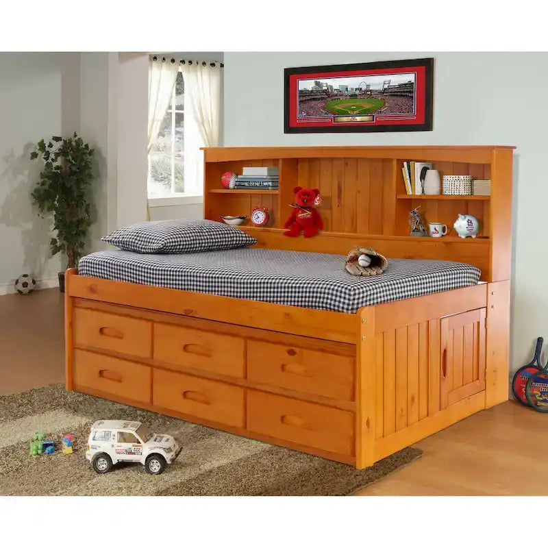 OS Home and Office Furniture Model , Solid Pine Twin Daybed with Six Drawers in Warm Honey