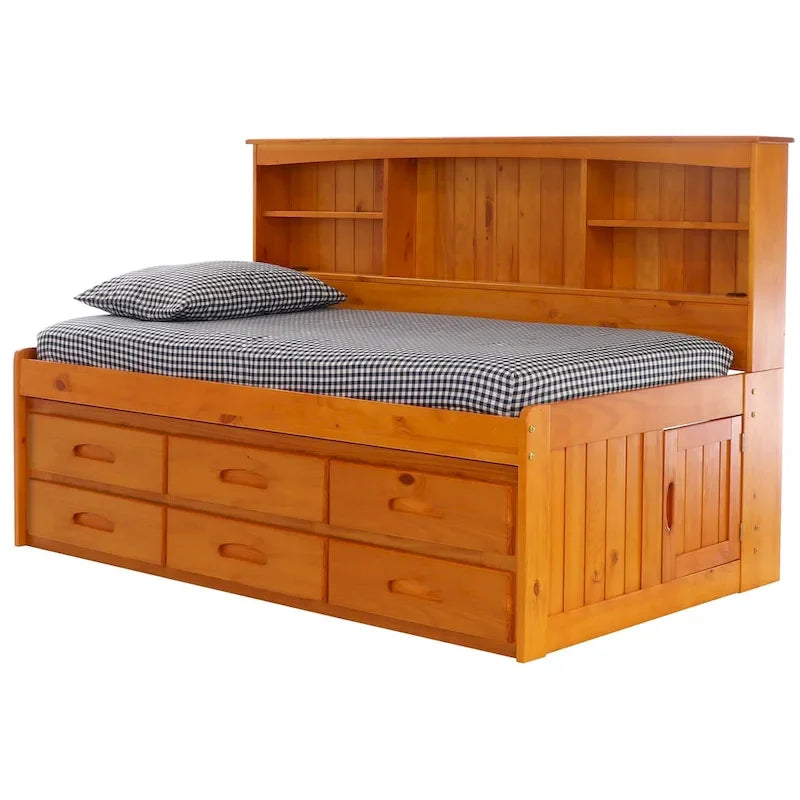 OS Home and Office Furniture Model , Solid Pine Twin Daybed with Six Drawers in Warm Honey