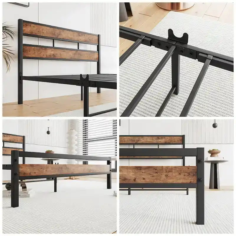 Full Size Black Metal and Rustic Wood Platform Bed