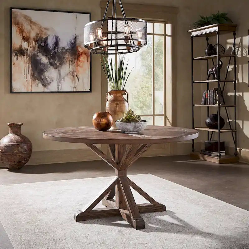 Krakova Rustic X-Base Round Pine Wood Dining Table