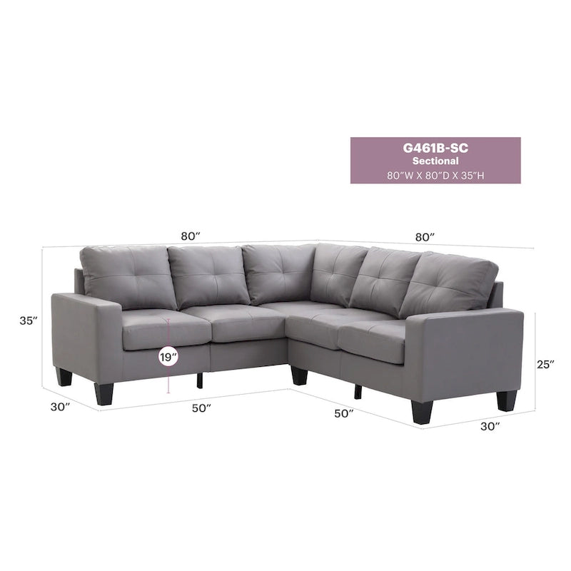 Newbury 82 in. W 2-piece Faux Leather L Shape Sectional Sofa - 32L x 82W x 35H