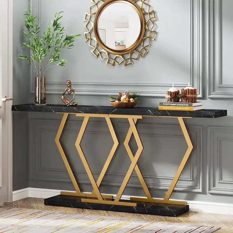 Modern Console Table, 70.9 Inch Extra Long Sofa Table with Faux Marble Tabletop Base Gold Frame for Living Room, White Gold