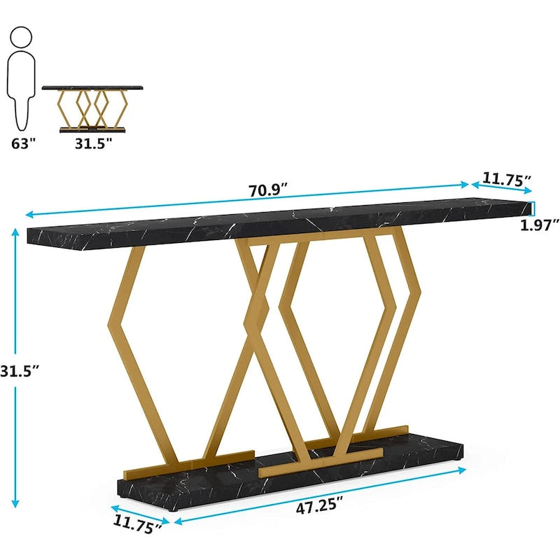 Modern Console Table, 70.9 Inch Extra Long Sofa Table with Faux Marble Tabletop Base Gold Frame for Living Room, White Gold