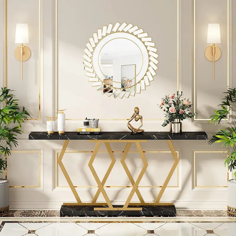 Modern Console Table, 70.9 Inch Extra Long Sofa Table with Faux Marble Tabletop Base Gold Frame for Living Room, White Gold