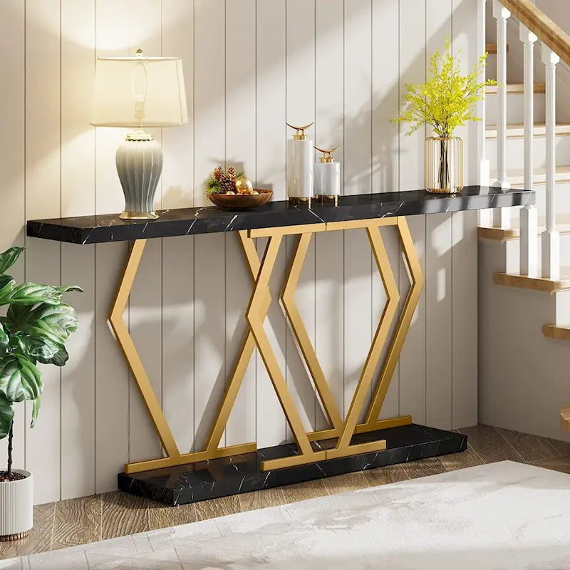 Modern Console Table, 70.9 Inch Extra Long Sofa Table with Faux Marble Tabletop Base Gold Frame for Living Room, White Gold