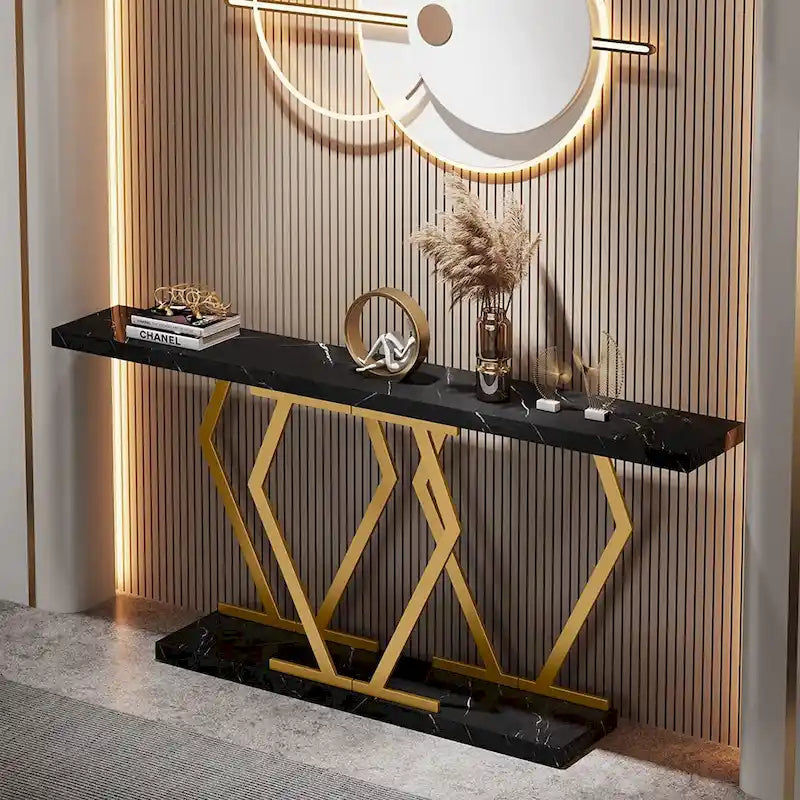 Modern Console Table, 70.9 Inch Extra Long Sofa Table with Faux Marble Tabletop Base Gold Frame for Living Room, White Gold