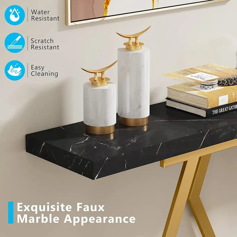 Modern Console Table, 70.9 Inch Extra Long Sofa Table with Faux Marble Tabletop Base Gold Frame for Living Room, White Gold