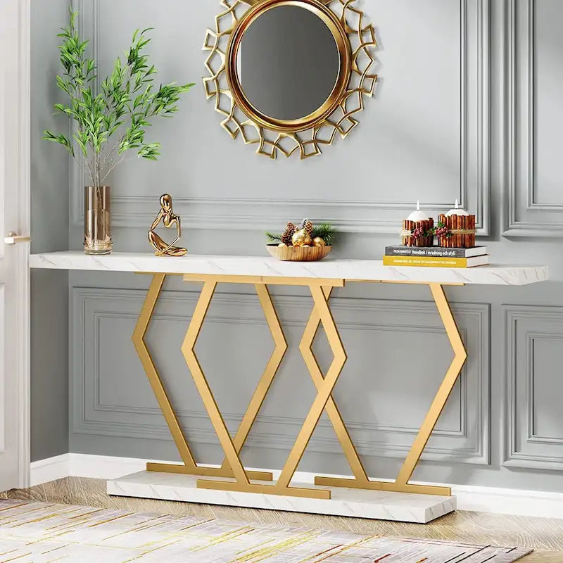 Modern Console Table, 70.9 Inch Extra Long Sofa Table with Faux Marble Tabletop Base Gold Frame for Living Room, White Gold