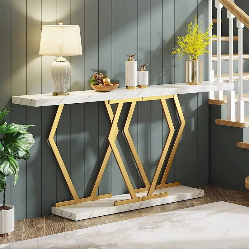 Modern Console Table, 70.9 Inch Extra Long Sofa Table with Faux Marble Tabletop Base Gold Frame for Living Room, White Gold