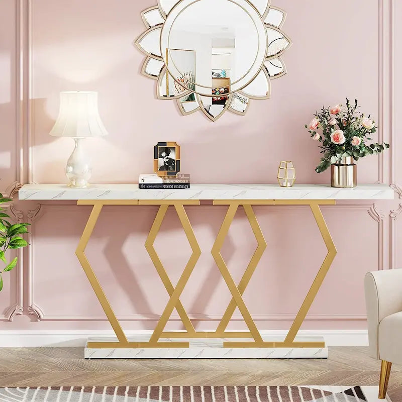 Modern Console Table, 70.9 Inch Extra Long Sofa Table with Faux Marble Tabletop Base Gold Frame for Living Room, White Gold