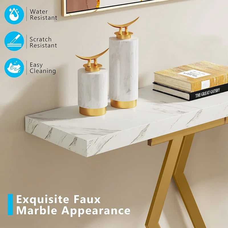 Modern Console Table, 70.9 Inch Extra Long Sofa Table with Faux Marble Tabletop Base Gold Frame for Living Room, White Gold
