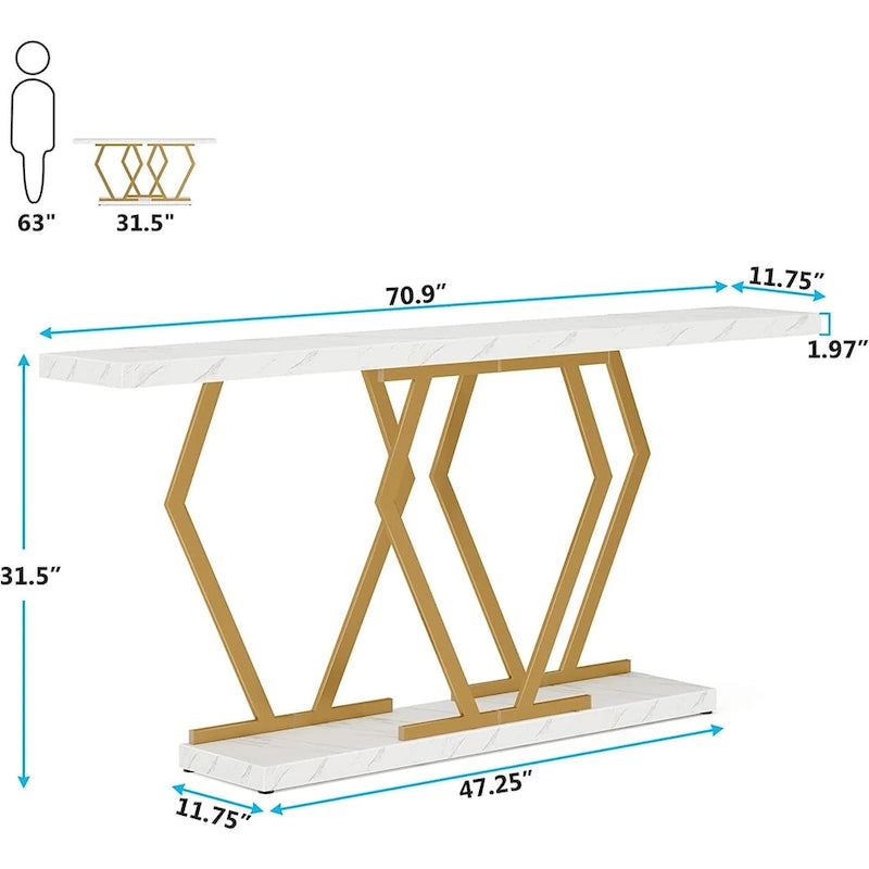 Modern Console Table, 70.9 Inch Extra Long Sofa Table with Faux Marble Tabletop Base Gold Frame for Living Room, White Gold