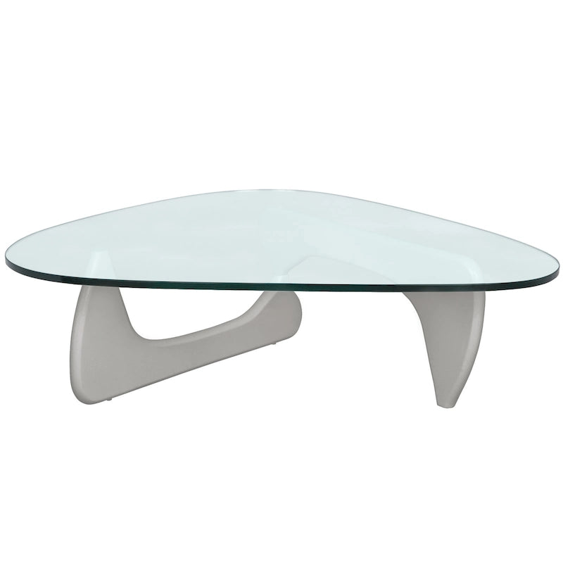 36 Triangular Mid Century Modern Accent Center Coffee Table with Glass Top and Wood Base for Living Room