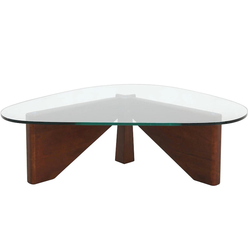 36 Triangular Mid Century Modern Accent Center Coffee Table with Glass Top and Wood Base for Living Room