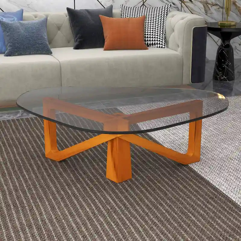 36 Triangular Mid Century Modern Accent Center Coffee Table with Glass Top and Wood Base for Living Room