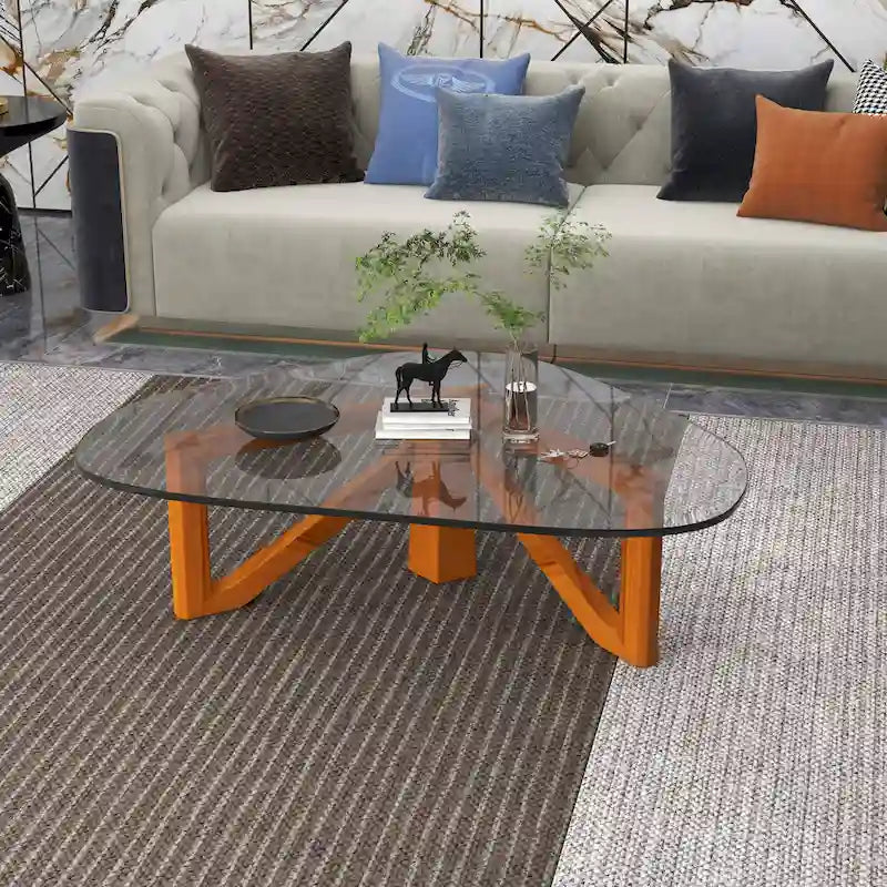 36 Triangular Mid Century Modern Accent Center Coffee Table with Glass Top and Wood Base for Living Room