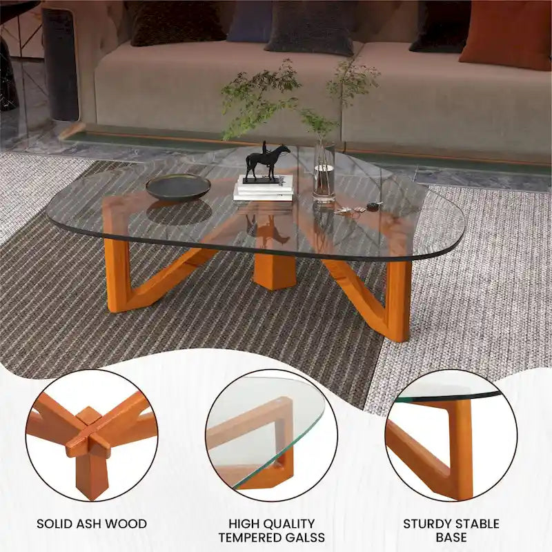 36 Triangular Mid Century Modern Accent Center Coffee Table with Glass Top and Wood Base for Living Room