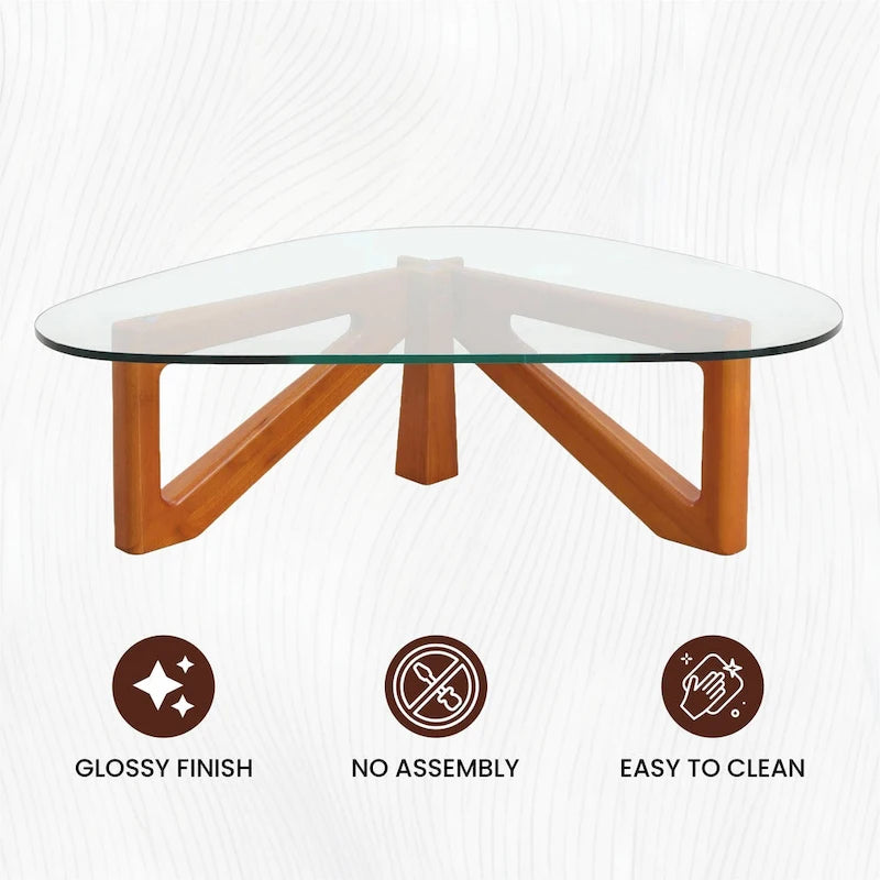 36 Triangular Mid Century Modern Accent Center Coffee Table with Glass Top and Wood Base for Living Room
