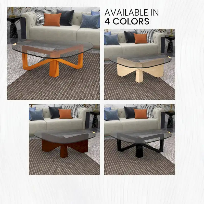 36 Triangular Mid Century Modern Accent Center Coffee Table with Glass Top and Wood Base for Living Room