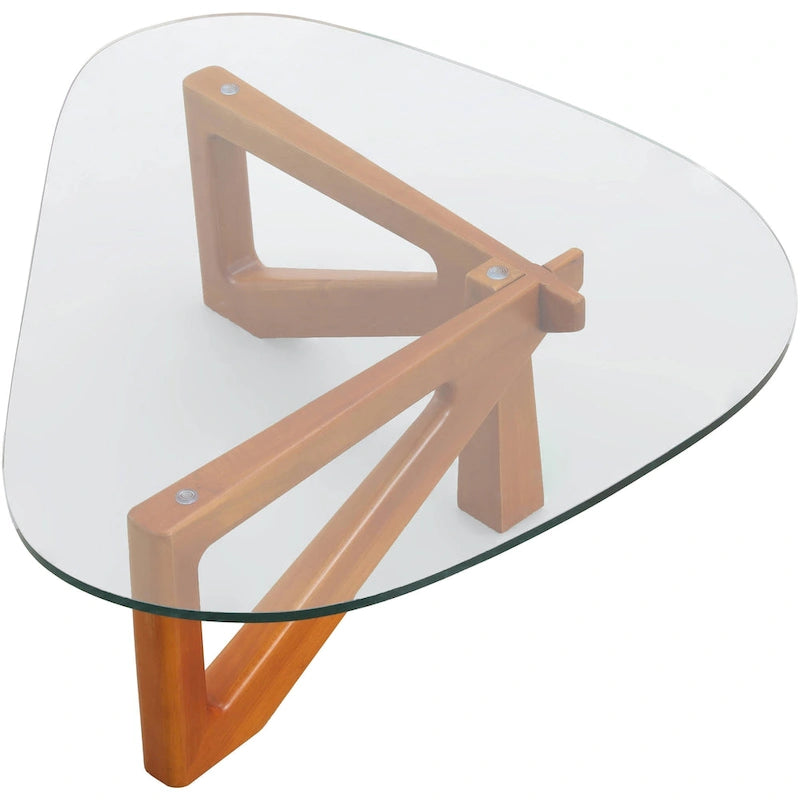 36 Triangular Mid Century Modern Accent Center Coffee Table with Glass Top and Wood Base for Living Room