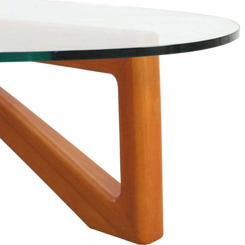 36 Triangular Mid Century Modern Accent Center Coffee Table with Glass Top and Wood Base for Living Room