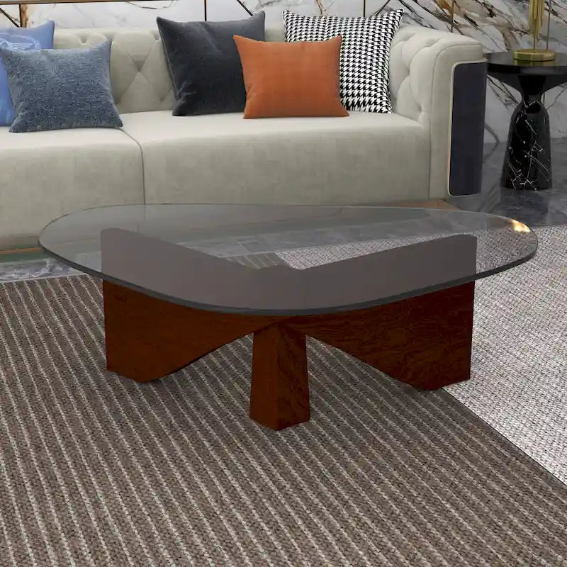 36 Triangular Mid Century Modern Accent Center Coffee Table with Glass Top and Wood Base for Living Room