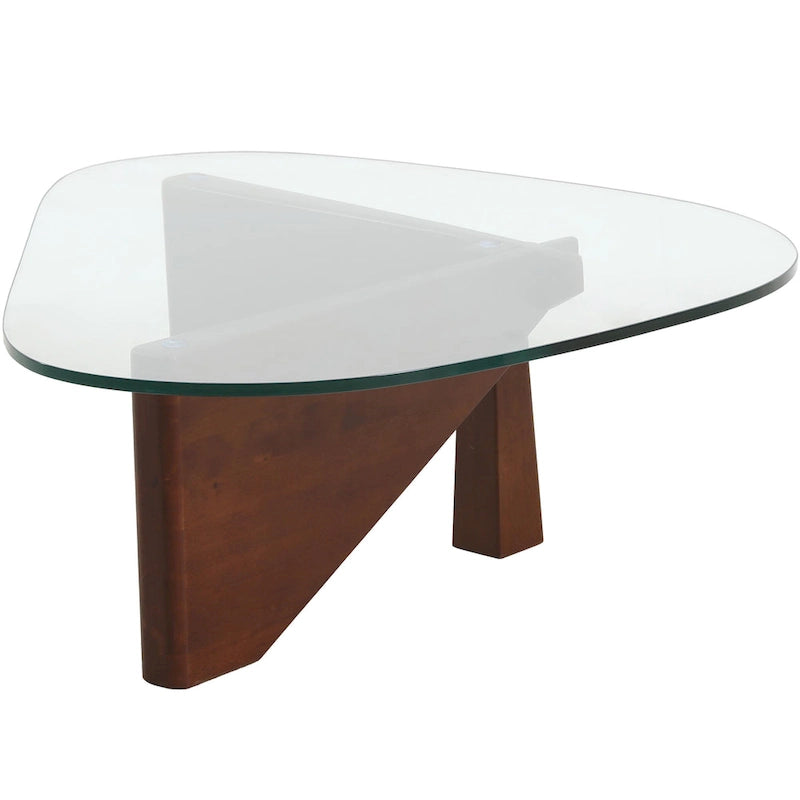 36 Triangular Mid Century Modern Accent Center Coffee Table with Glass Top and Wood Base for Living Room