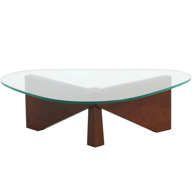 36 Triangular Mid Century Modern Accent Center Coffee Table with Glass Top and Wood Base for Living Room