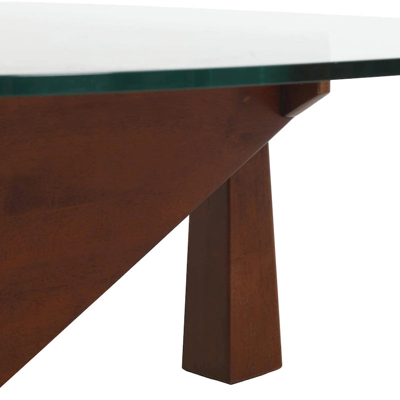 36 Triangular Mid Century Modern Accent Center Coffee Table with Glass Top and Wood Base for Living Room