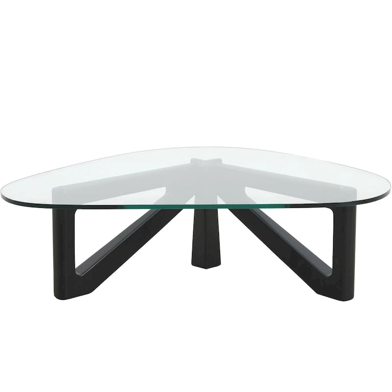 36 Triangular Mid Century Modern Accent Center Coffee Table with Glass Top and Wood Base for Living Room