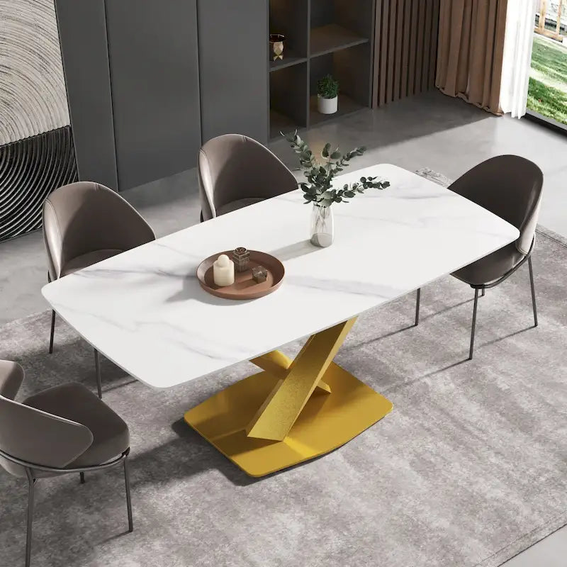 71 Modern Dining Table with Slate Stone Top and Metal Legs, Marble Dining Table