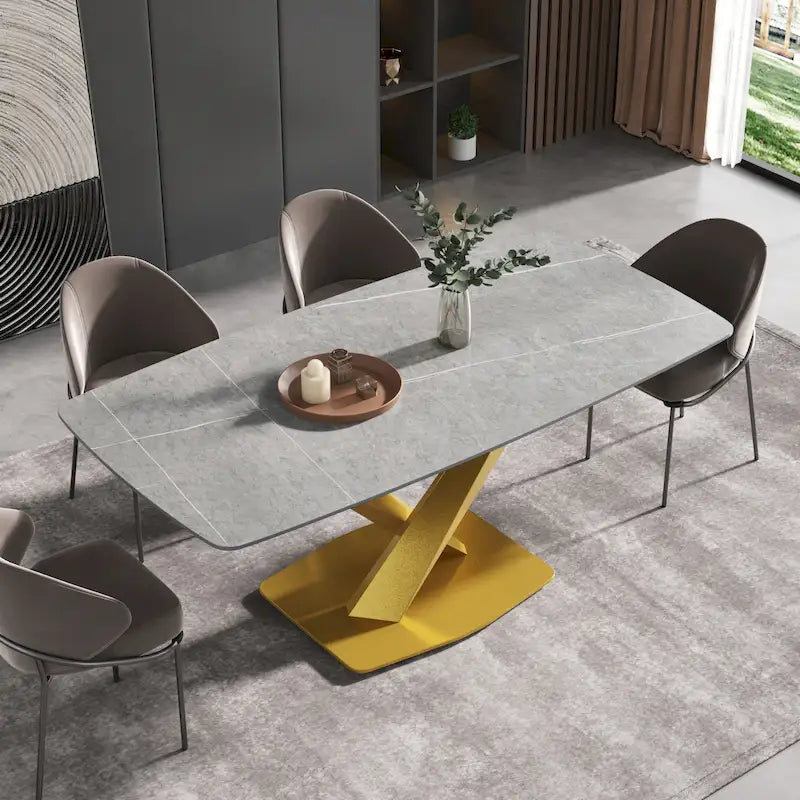 71 Modern Dining Table with Slate Stone Top and Metal Legs, Marble Dining Table