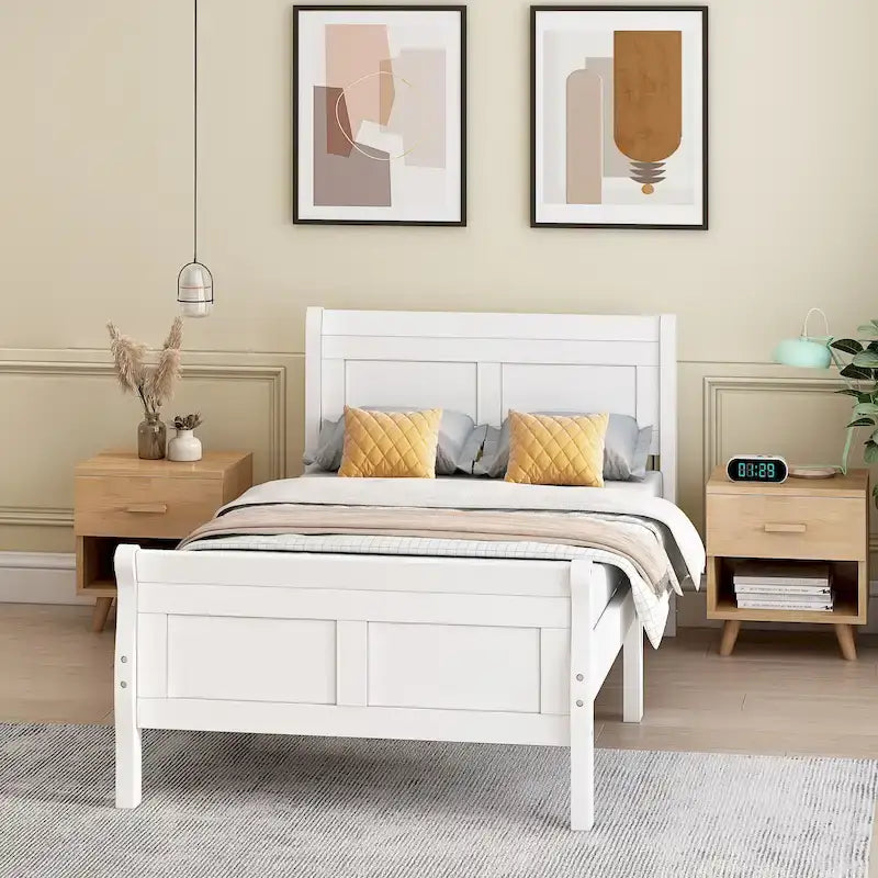 Twin Wood Platform Bed Frame Mattress Foundation Sleigh Bed with Headboard/Footboard/Wood Slat Support
