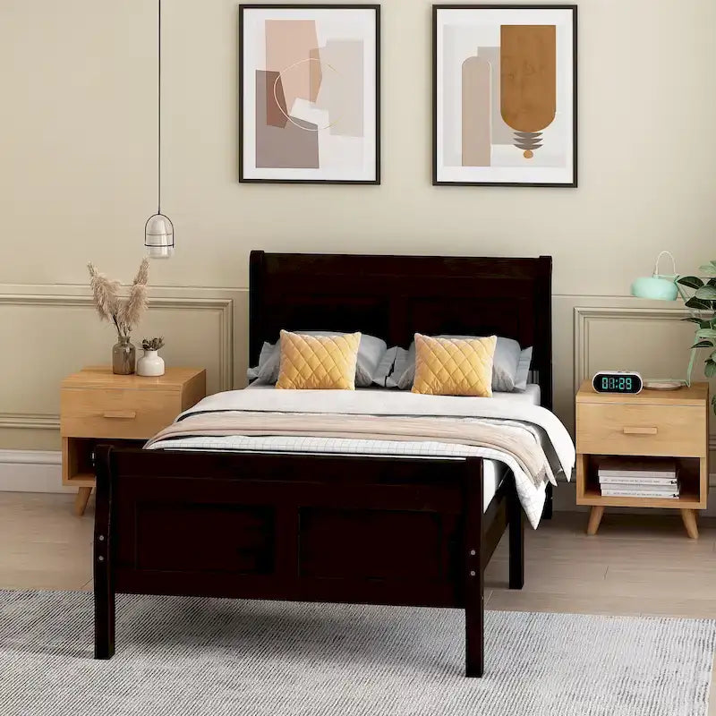 Twin Wood Platform Bed Frame Mattress Foundation Sleigh Bed with Headboard/Footboard/Wood Slat Support