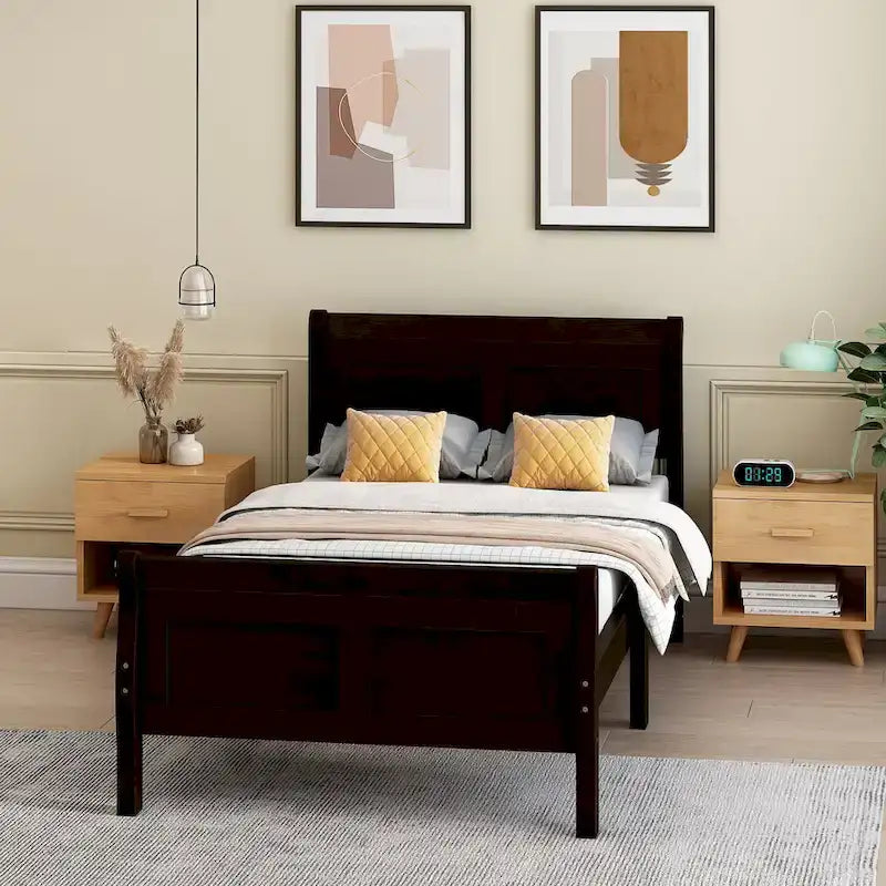 Twin Wood Platform Bed Frame Mattress Foundation Sleigh Bed with Headboard/Footboard/Wood Slat Support
