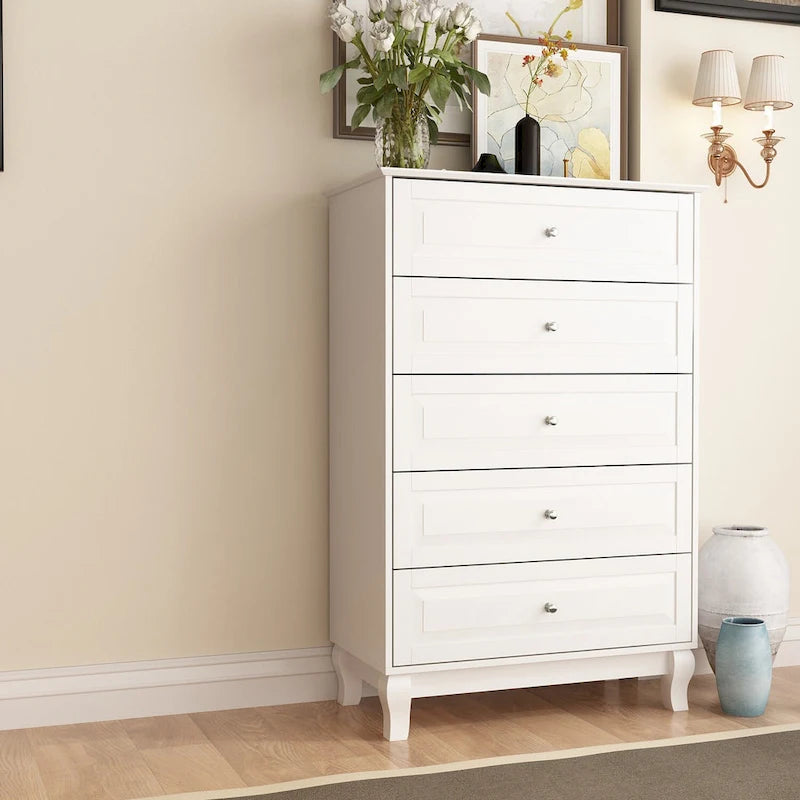 Chest of Drawers Tall 5 Drawer Dresser, Wood Dresser End Table Console