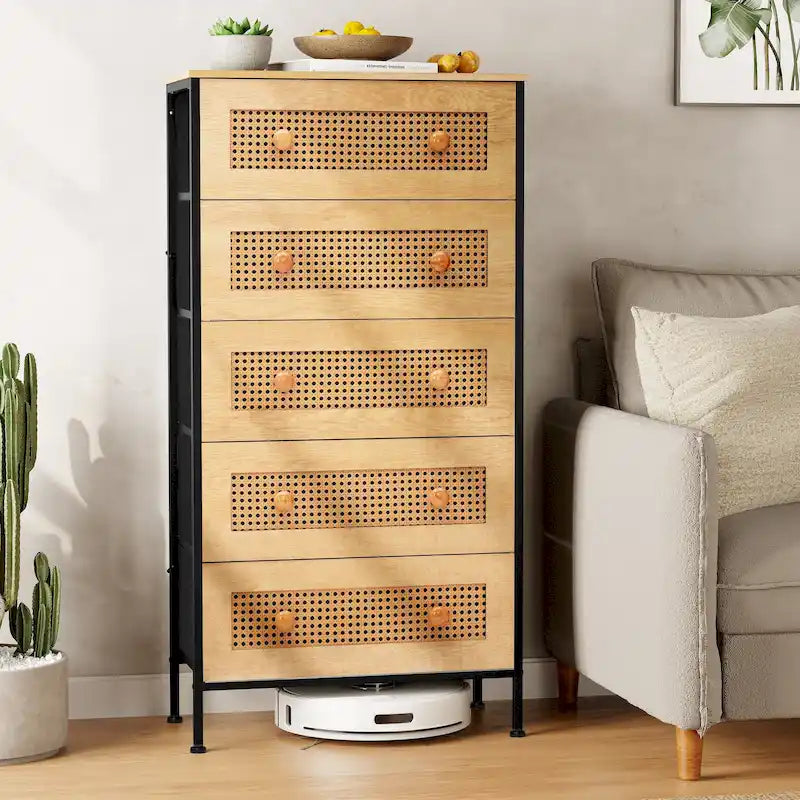 Crestlive Dresser Closet PE Wicker Rattan Storage Tower Organizer Chest of 5 Drawers