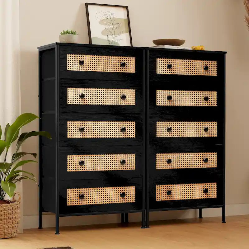 Crestlive Dresser Closet PE Wicker Rattan Storage Tower Organizer Chest of 5 Drawers