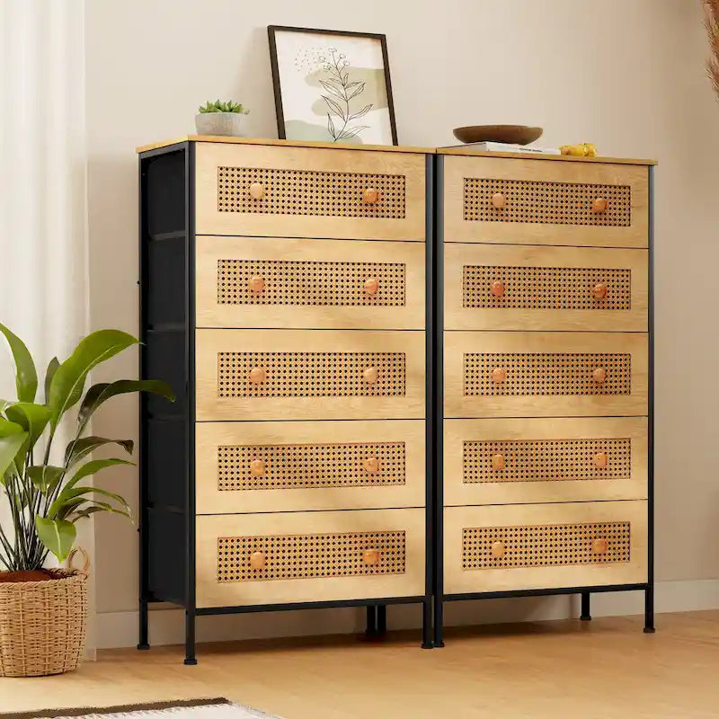 Crestlive Dresser Closet PE Wicker Rattan Storage Tower Organizer Chest of 5 Drawers