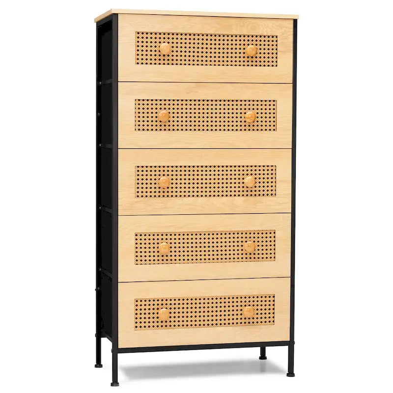 Crestlive Dresser Closet PE Wicker Rattan Storage Tower Organizer Chest of 5 Drawers