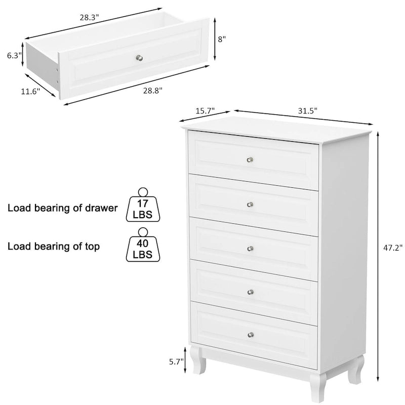Timechee 5 Drawers Dresser Chests Chset of Drawers Organizer Lacquered