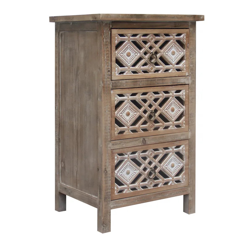 Wooden Accent Table with 3 Cutout Carved Drawers,Vintage Side Table