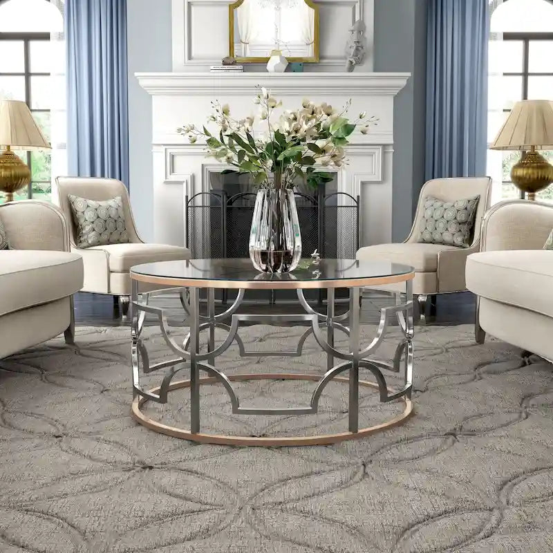 DH BASIC Modern Style Chrome and Gold Round Open Coffee Table by Denhour