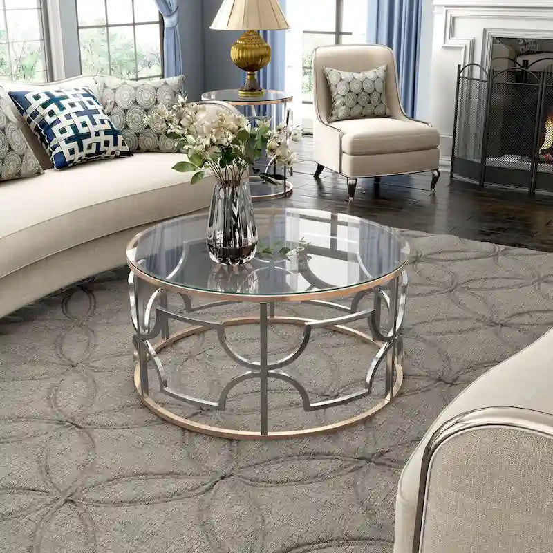 DH BASIC Modern Style Chrome and Gold Round Open Coffee Table by Denhour